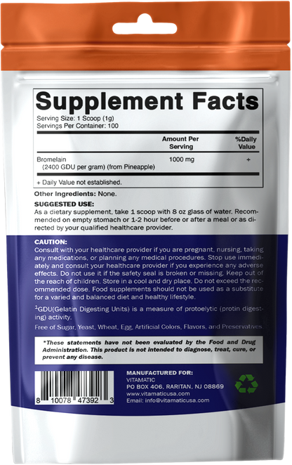 Vitamatic Bromelain Powder 1000mg per Serving, 100g Pouch