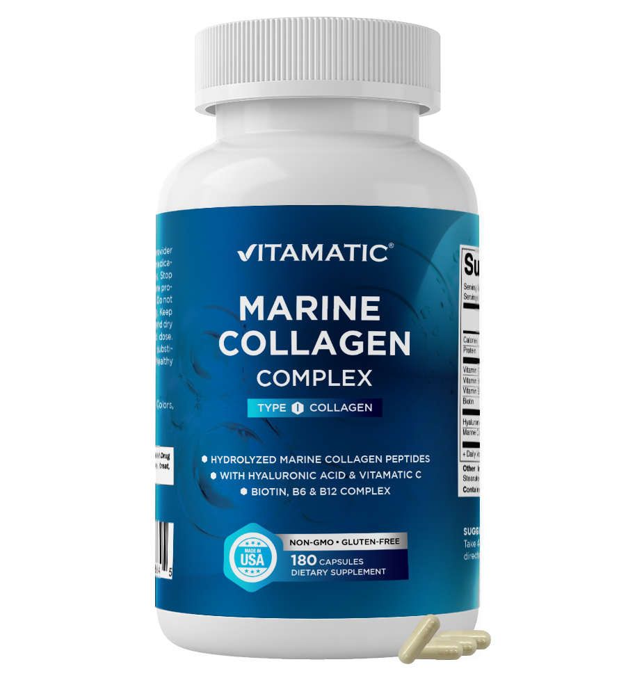 Marine Collagen Complex Type I – 2000 mg per Serving with Hyaluronic Acid, Vitamin C, Biotin, B6 & B12 – 180 Capsules