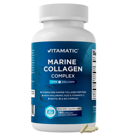 Marine Collagen Complex Type I – 2000 mg per Serving with Hyaluronic Acid, Vitamin C, Biotin, B6 & B12 – 180 Capsules