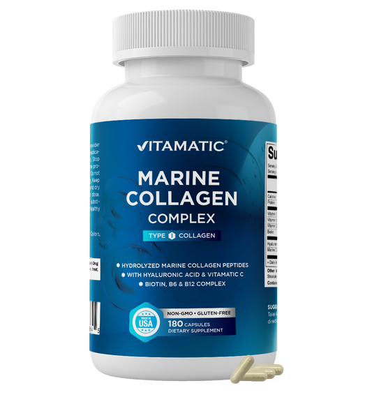 Marine Collagen Complex Type I – 2000 mg per Serving with Hyaluronic Acid, Vitamin C, Biotin, B6 & B12 – 180 Capsules