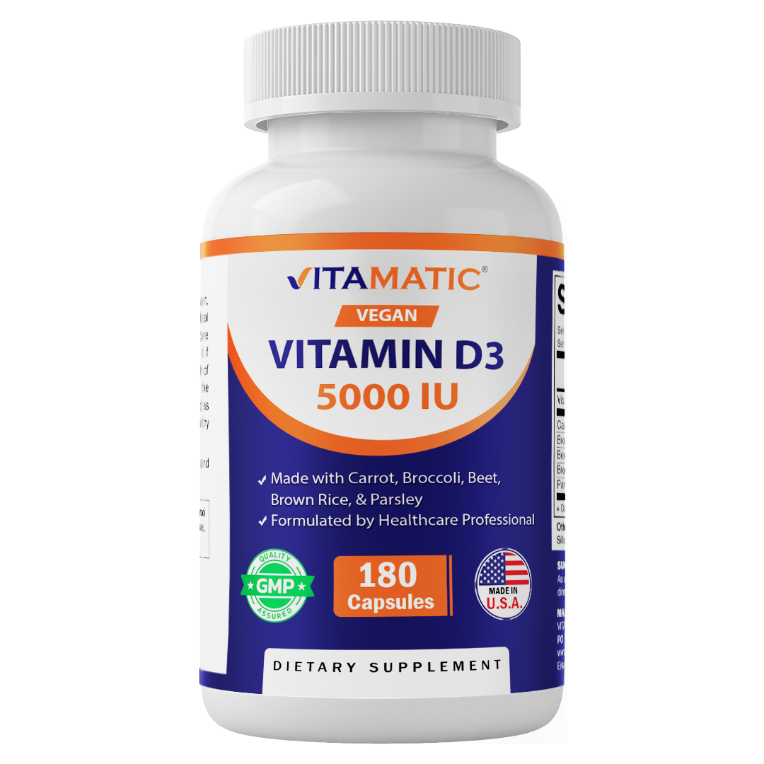 Vitamatic Vegan Vitamin D3 5000 IU | Plant Based Vitamin D from Lichen | Made with Carrot, Beet, Broccoli, Brown Rice & Parsley | 180 Capsules | Non-GMO, Gluten-Free | Made in USA