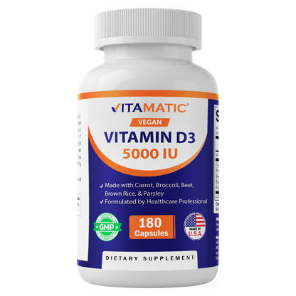 Vitamatic Vegan Vitamin D3 5000 IU | Plant Based Vitamin D from Lichen | Made with Carrot, Beet, Broccoli, Brown Rice & Parsley | 180 Capsules | Non-GMO, Gluten-Free | Made in USA