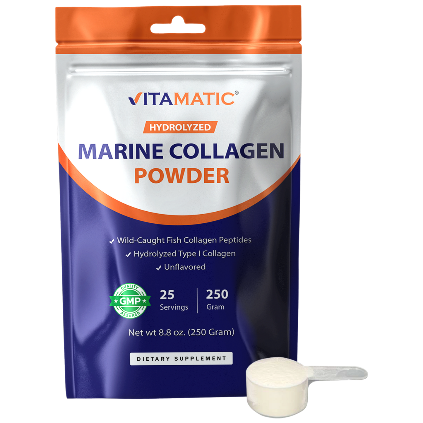 Hydrolyzed Marine Collagen Powder 250g (8.8 oz) – Wild-Caught Fish Collagen Peptides – Type I Collagen – Unflavored Protein Powder – 10g per Serving