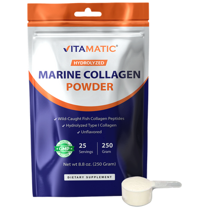 Hydrolyzed Marine Collagen Powder 250g (8.8 oz) – Wild-Caught Fish Collagen Peptides – Type I Collagen – Unflavored Protein Powder – 10g per Serving