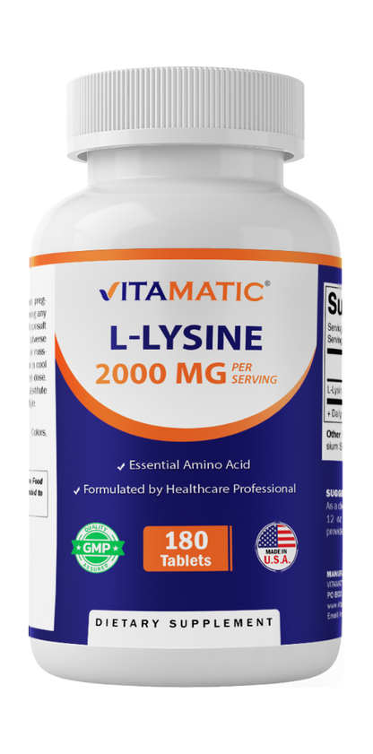 L-Lysine 2000 mg Per Serving | 180 Tablets | Essential Amino Acid Supplement