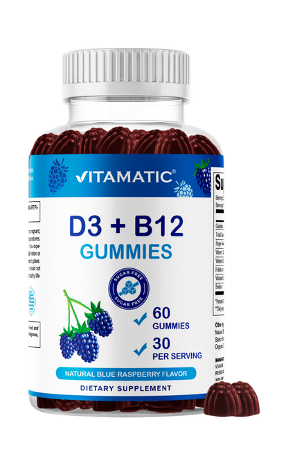 Vitamatic Vitamin D3 + B12 Gummies Made with Folate & Vitamin B6 - Natural Blue Raspberry Flavor – 60 Gummies