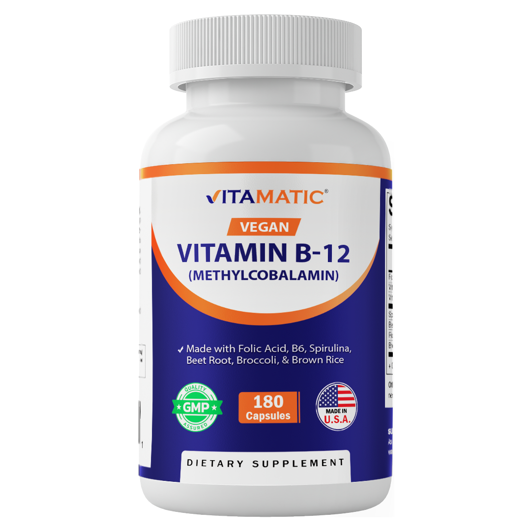 Vitamatic Vegan B12 1000 mcg - Methyl B12 with Folic Acid, Vitamin B6, Spirulina, Beet Root, Broccoli & Brown Rice - 180 Capsules