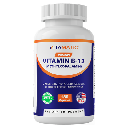Vitamatic Vegan B12 1000 mcg - Methyl B12 with Folic Acid, Vitamin B6, Spirulina, Beet Root, Broccoli & Brown Rice - 180 Capsules