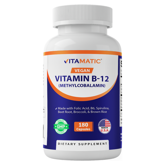 Vitamatic Vegan B12 1000 mcg - Methyl B12 with Folic Acid, Vitamin B6, Spirulina, Beet Root, Broccoli & Brown Rice - 180 Capsules