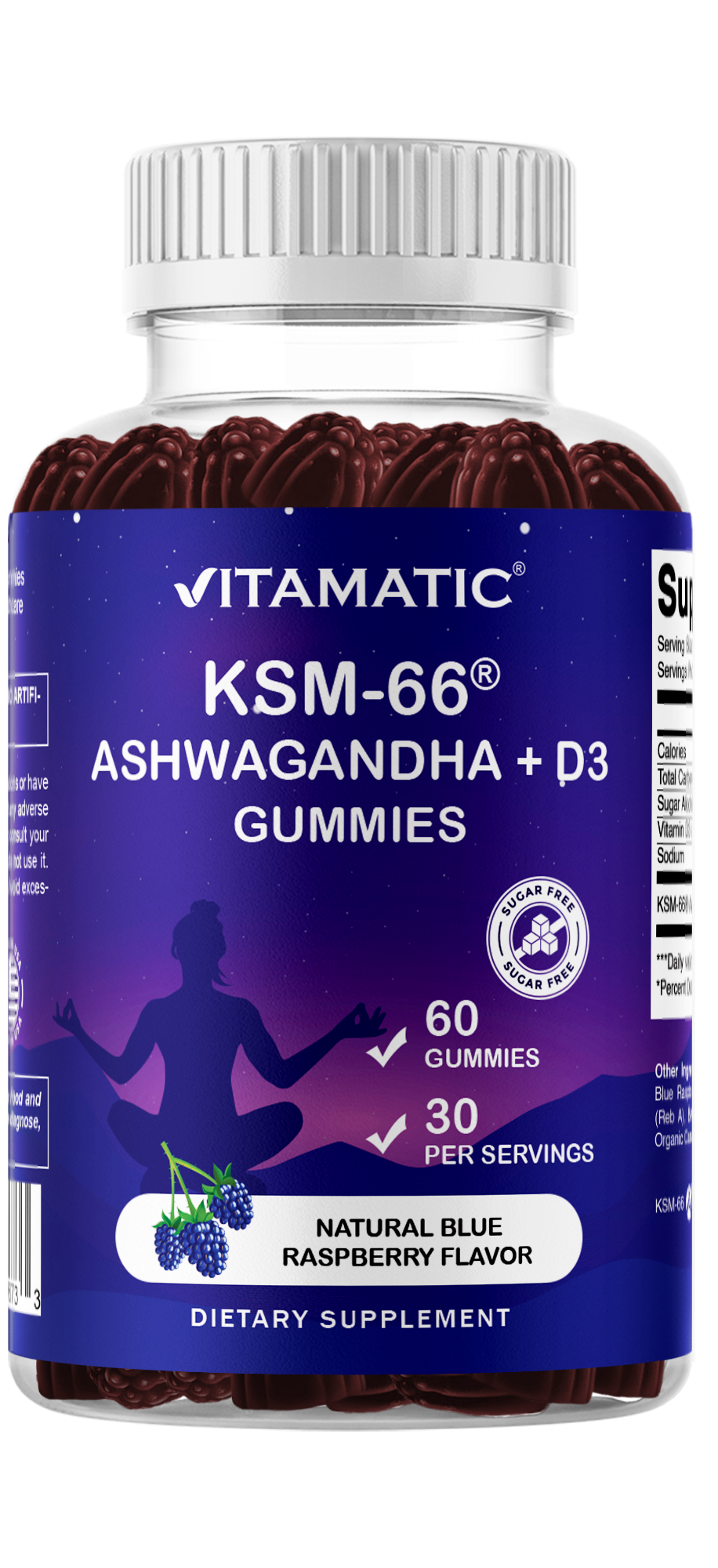 Vitamatic KSM-66® Ashwagandha + D3 Gummies – Natural Blue Raspberry Flavor – 60 Gummies