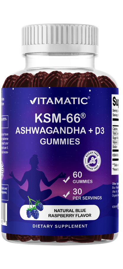 Vitamatic KSM-66® Ashwagandha + D3 Gummies – Natural Blue Raspberry Flavor – 60 Gummies