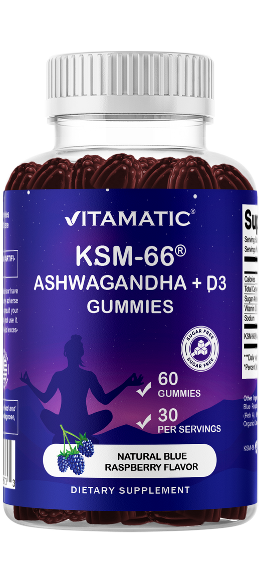Vitamatic KSM-66® Ashwagandha + D3 Gummies – Natural Blue Raspberry Flavor – 60 Gummies