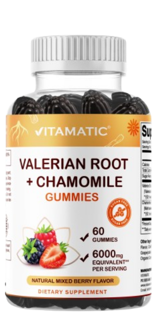 Vitamatic Valerian Root Chamomile 6000 mg Equivalent Per Serving – Mixed Berry Flavor – 60 Gummies