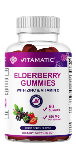 Vitamatic Elderberry Gummies with Vitamin C & Zinc – Mixed Berry Flavor– 60 Gummies