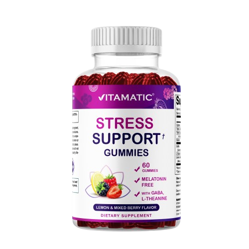Vitamatic Stress Relief Gummies with GABA, L-Theanine, Lemon Balm – Lemon & Mixed Berry Flavor – 60 Gummies