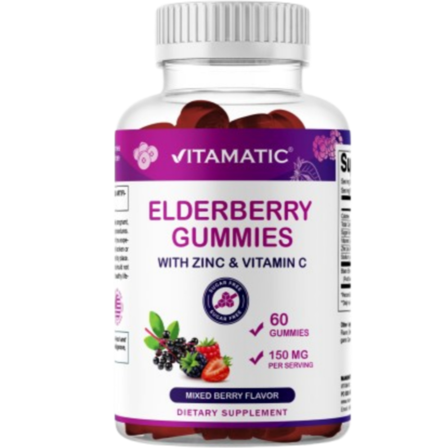 Vitamatic Elderberry Gummies with Vitamin C & Zinc – Mixed Berry Flavor– 60 Gummies