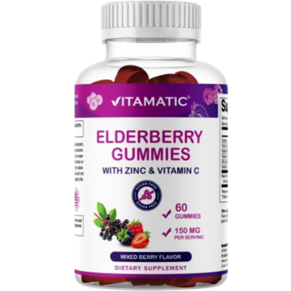 Vitamatic Elderberry Gummies with Vitamin C & Zinc – Mixed Berry Flavor– 60 Gummies
