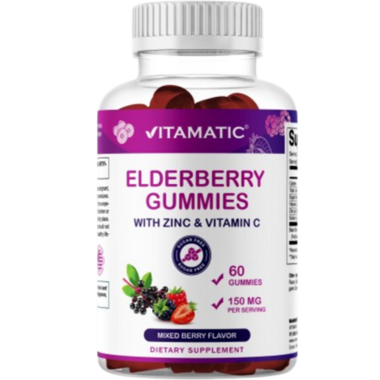 Vitamatic Elderberry Gummies with Vitamin C & Zinc – Mixed Berry Flavor– 60 Gummies