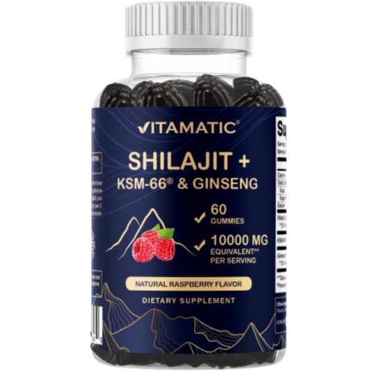 Shilajit with KSM-66® Ashwagandha & Ginseng 10,000 mg Equivalent Per Serving – Natural Raspberry Flavor – 60 Vegan Gummies