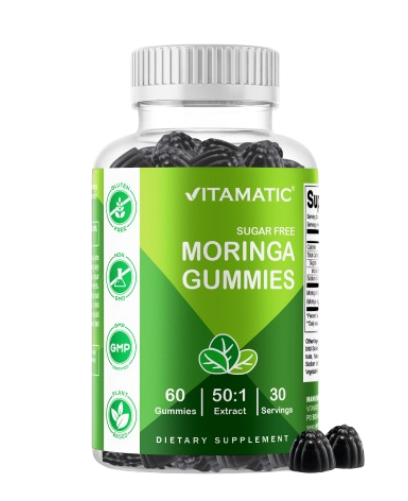 Vitamatic Sugar-Free Moringa Gummies - 10000 mg per Serving - 60 Pectin-Based Gummies - Essential Minerals Supplement - Clean Fitness - Multicolor Flavors - Non-GMO & Gluten-Free - Natural & Vegan
