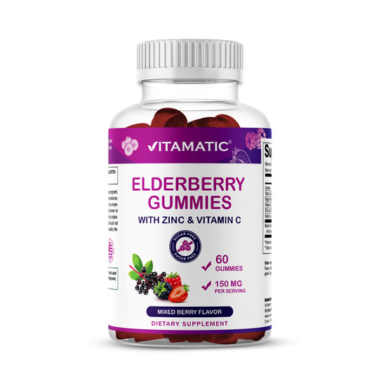 Vitamatic Elderberry Gummies with Vitamin C & Zinc – Mixed Berry Flavor– 60 Gummies