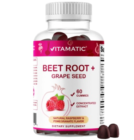 Vitamatic Beet Root Gummies with B6, B12, Grape Seed, Pomegranate & Nicotinamide – Plant-Based Extract – Vegan, Non-GMO – Botanical Supplement Gummies – 60 Count