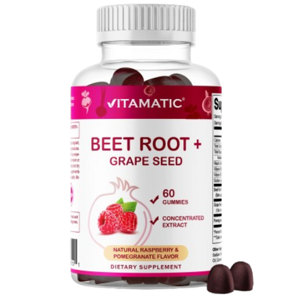 Vitamatic Beet Root Gummies with B6, B12, Grape Seed, Pomegranate & Nicotinamide – Plant-Based Extract – Vegan, Non-GMO – Botanical Supplement Gummies – 60 Count