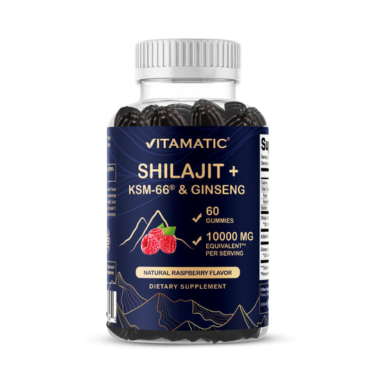Shilajit with KSM-66® Ashwagandha & Ginseng 10,000 mg Equivalent Per Serving – Natural Raspberry Flavor – 60 Vegan Gummies