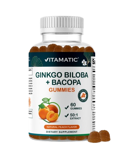 Vitamatic Ginkgo Biloba & Bacopa Gummies – Plant-Based Botanical Extract – Natural Peach Flavor – Vegan, Non-GMO, Gluten-Free – Herbal Supplement – 60 Count