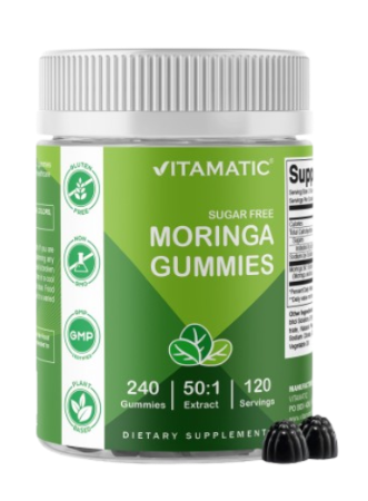 Vitamatic Moringa Gummies – Sugar-Free 50:1 Plant-Based Extract – Green Superfood – Pectin-Based, Vegan, Non-GMO – 240 Gummies