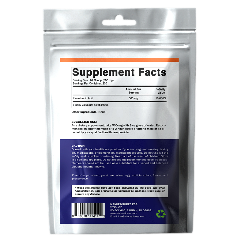 Pantothenic Acid Pure Powder 500 mg per Serving, 100 Grams -Also Called Vitamin B5