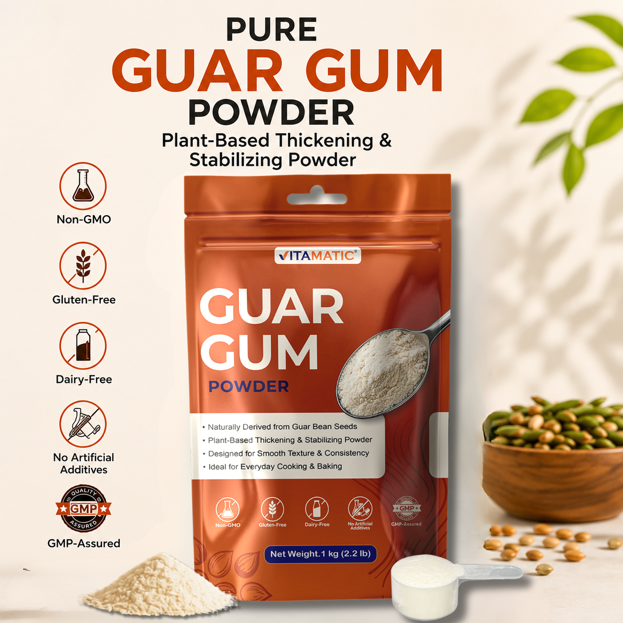 Vitamatic Guar Gum Powder 1 kg (2.2 lb) – Plant-Based Thickener & Stabilizer – Non-GMO, Gluten Free – Ideal for Baking, Cooking & Food Preparation