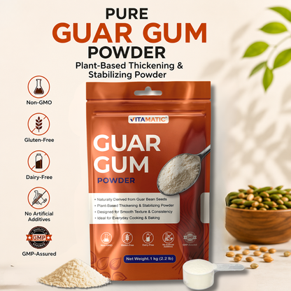 Vitamatic Guar Gum Powder 1 kg (2.2 lb) – Plant-Based Thickener & Stabilizer – Non-GMO, Gluten Free – Ideal for Baking, Cooking & Food Preparation