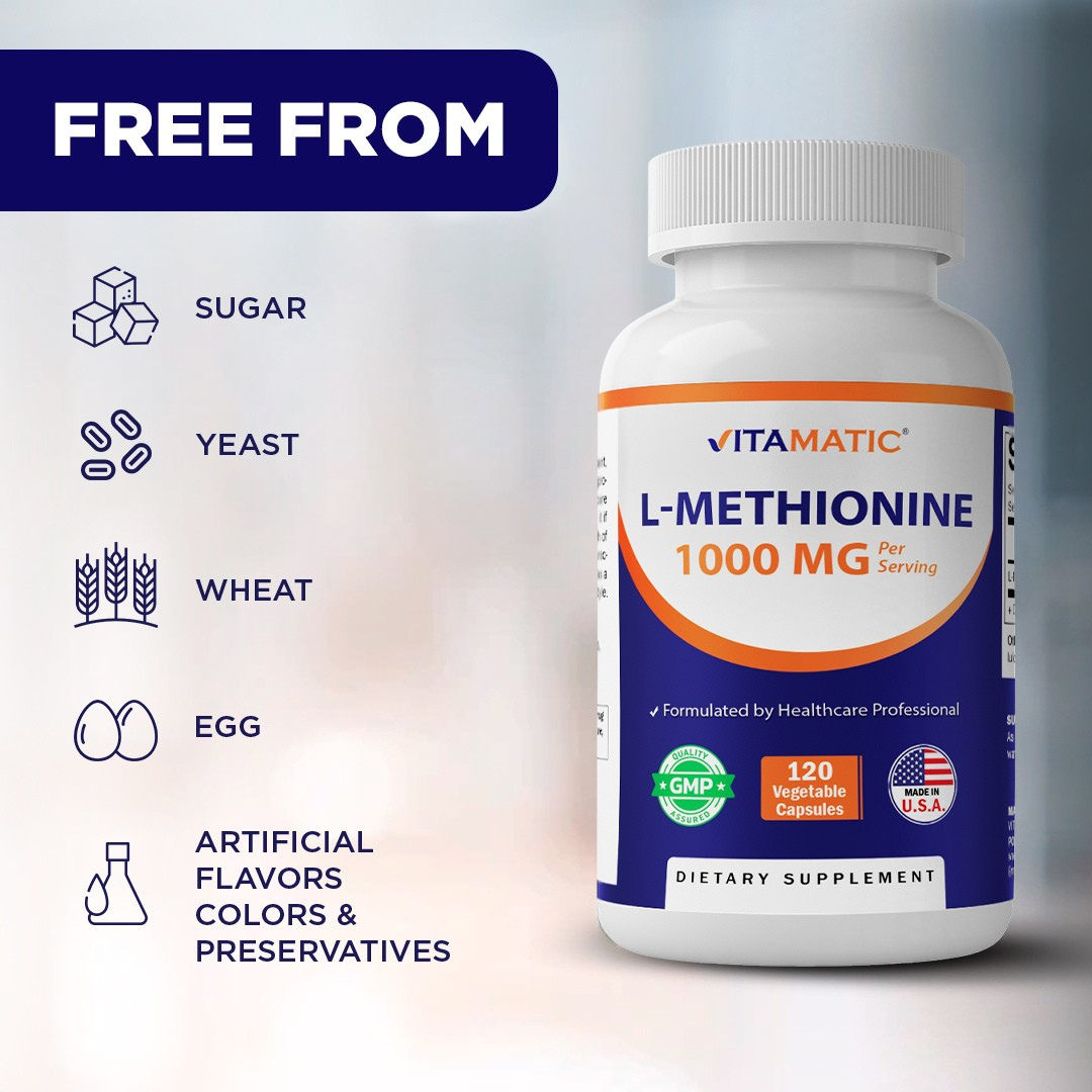 Vitamatic L-Methionine 1000 mg per Serving, 120 Vegetarian Capsules