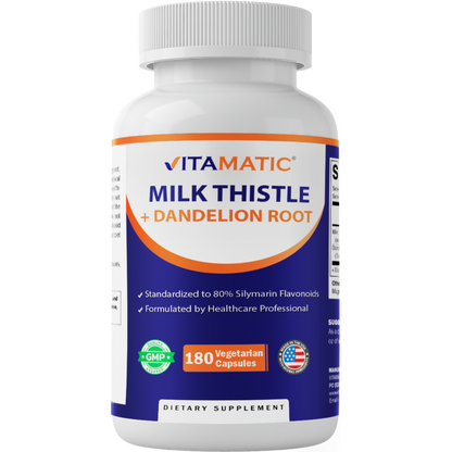 Vitamatic Milk Thistle + Dandelion Root, 180 Veg Capsules