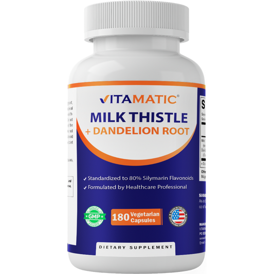 Vitamatic Milk Thistle + Dandelion Root, 180 Veg Capsules
