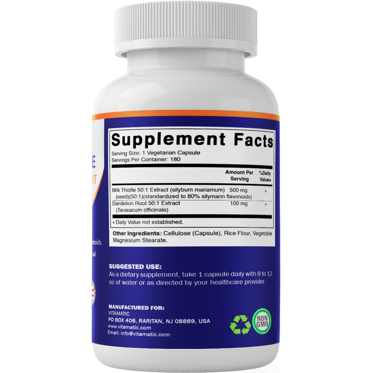Vitamatic Milk Thistle + Dandelion Root, 180 Veg Capsules