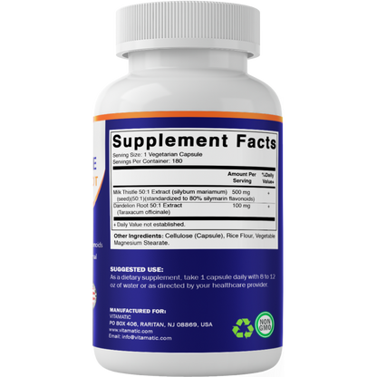 Vitamatic Milk Thistle + Dandelion Root, 180 Veg Capsules