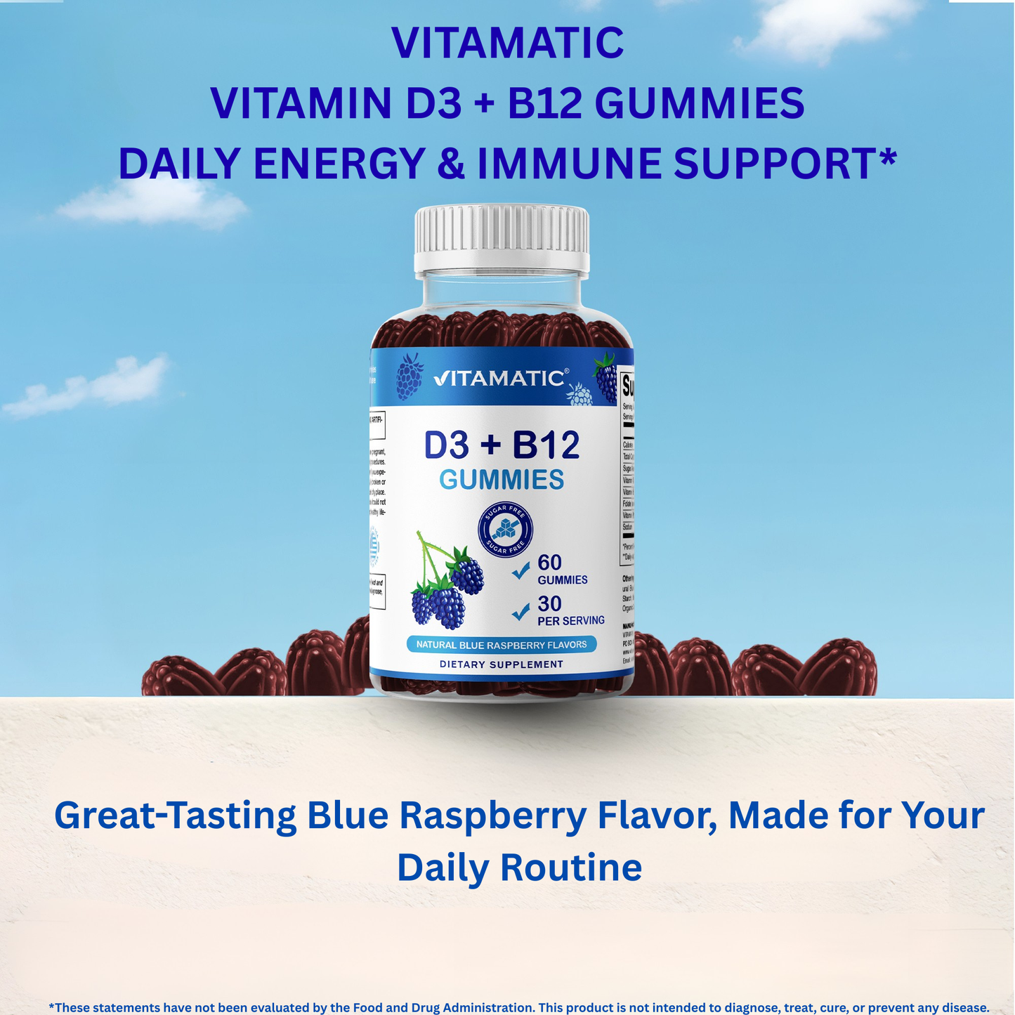 Vitamin D3 + B12 Gummies – Natural Blue Raspberry Flavor – 60 Gummies