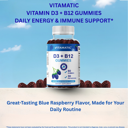 Vitamin D3 + B12 Gummies – Natural Blue Raspberry Flavor – 60 Gummies
