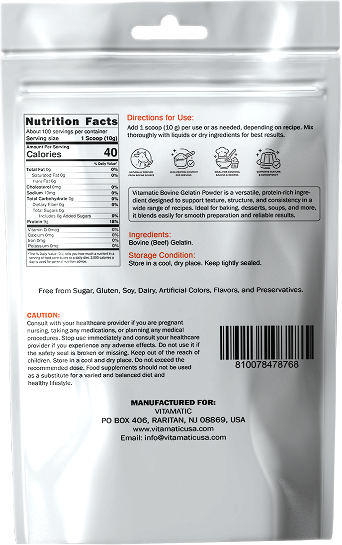 Vitamatic Grass-Fed Beef Gelatin Powder, 1 kg (2.2 lb)