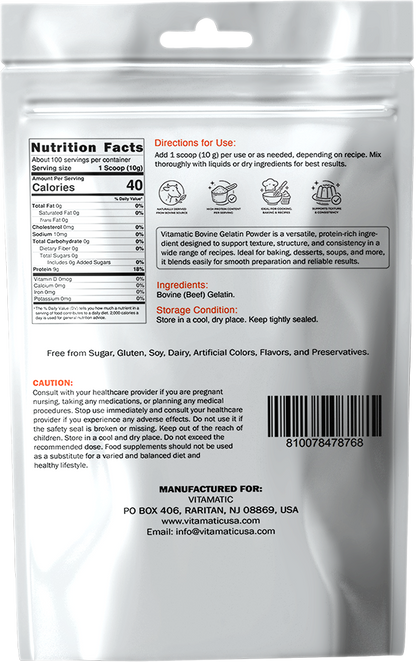Vitamatic Grass-Fed Beef Gelatin Powder, 1 kg (2.2 lb)