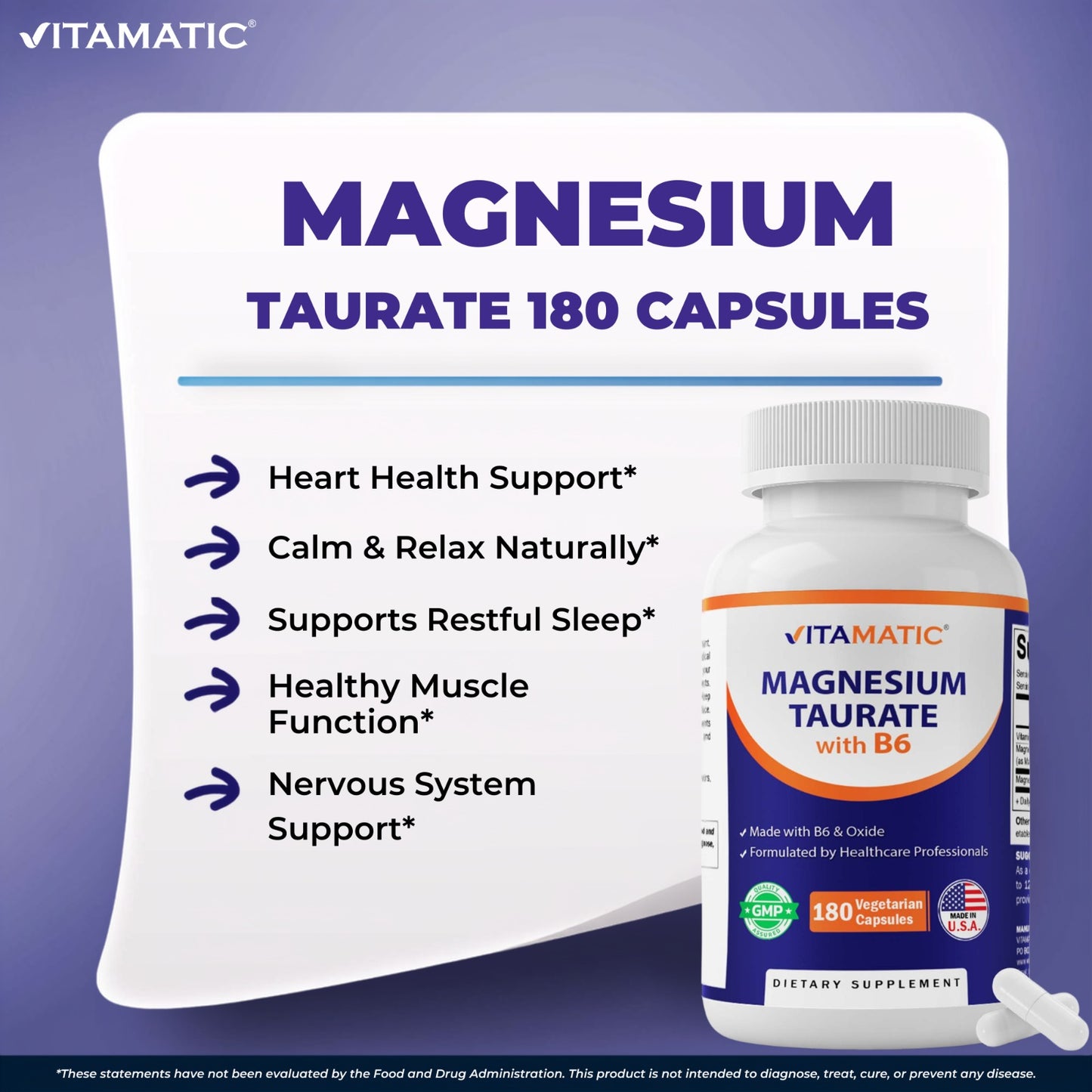 Vitamatic Magnesium Taurate with B6, 180 Veg Capsules