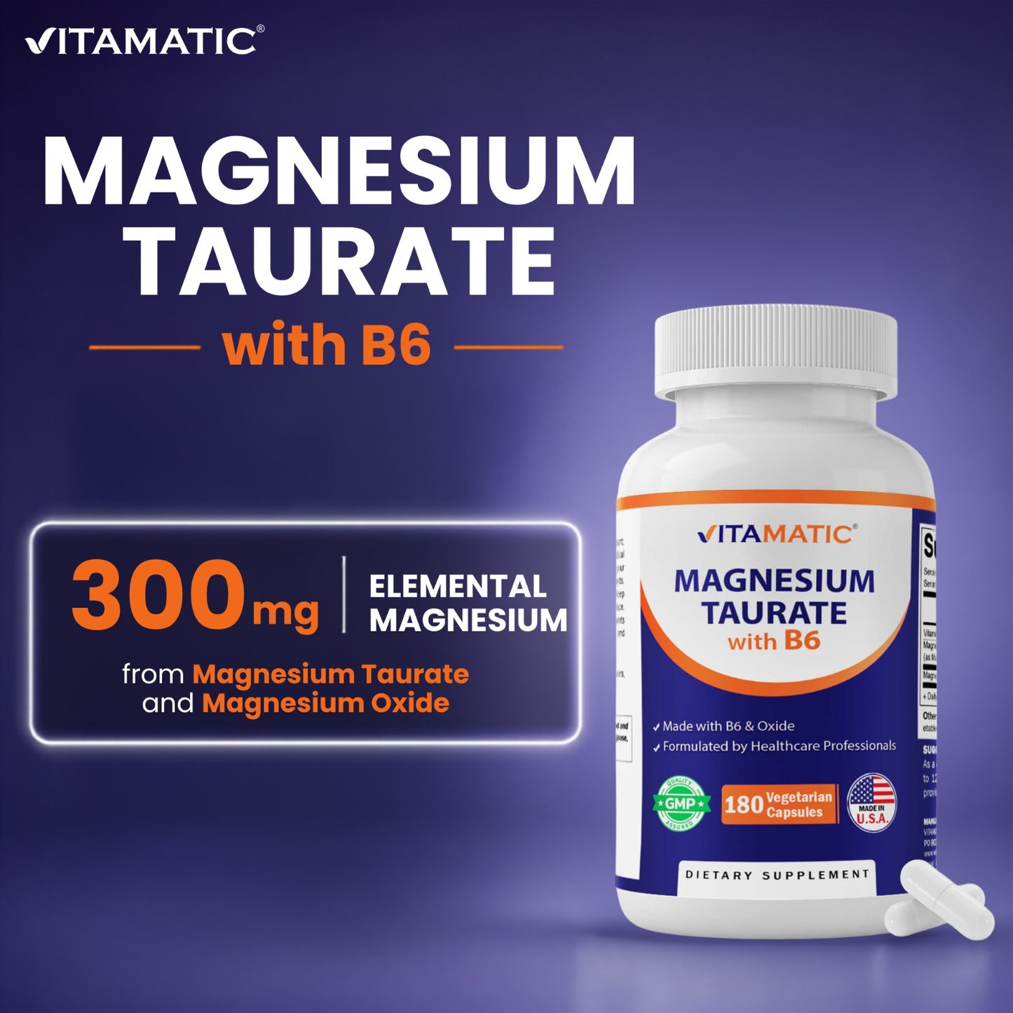 Vitamatic Magnesium Taurate with B6, 180 Veg Capsules