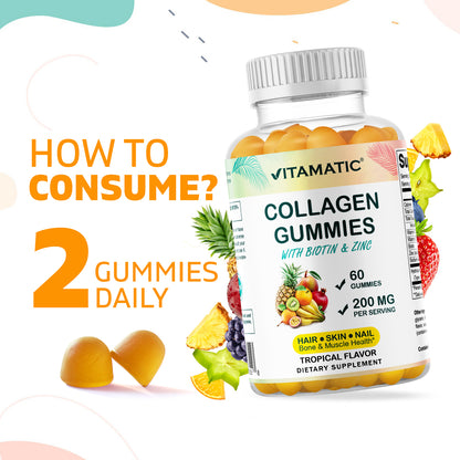 Hydrolyzed Collagen Gummies with Vitamin C, Zinc and Biotin, 200 mg  60 Gummies