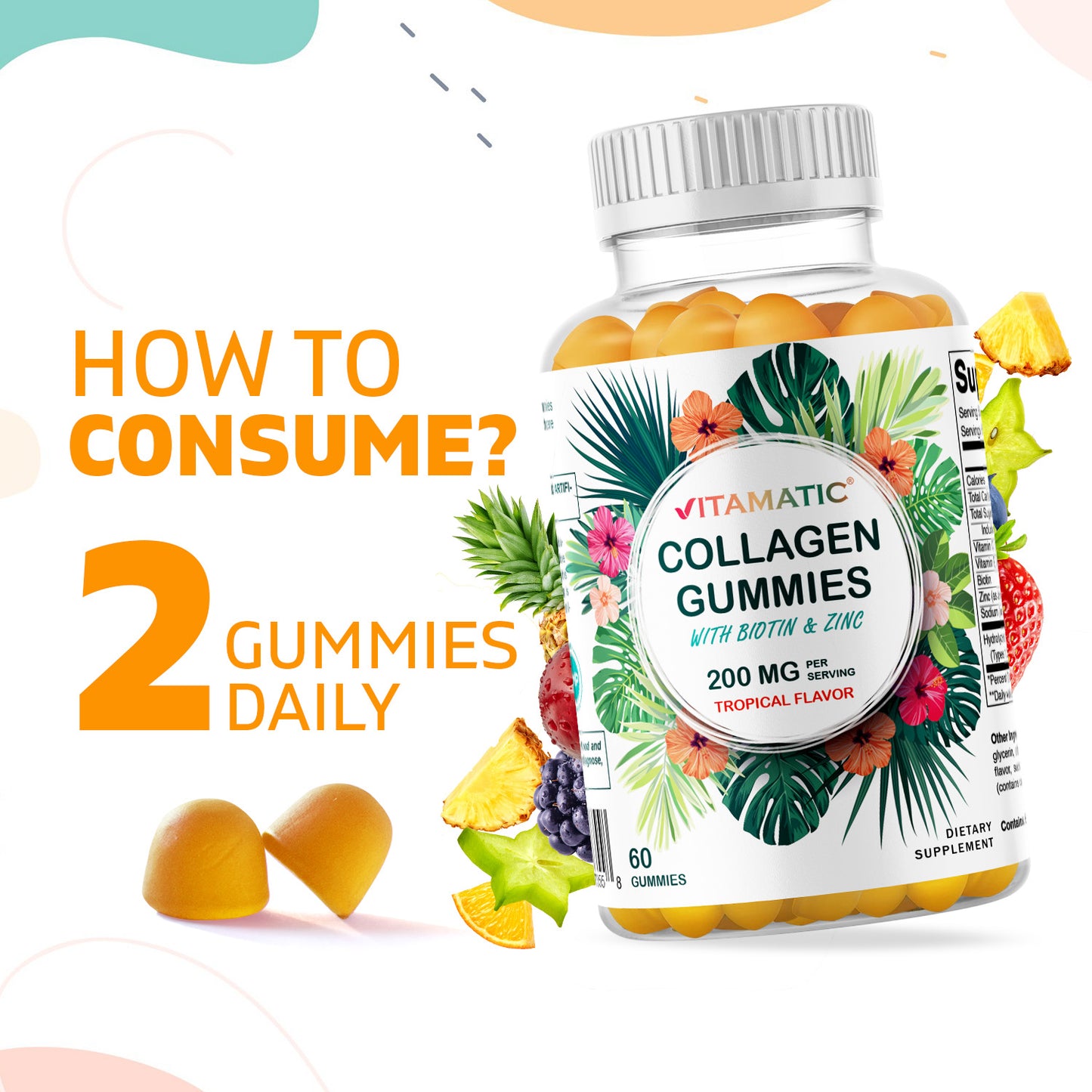 Hydrolyzed Collagen Gummies with Vitamin C, Zinc and Biotin, 200mg - 60 Gummies