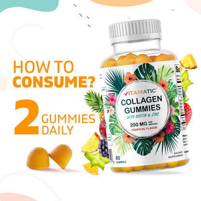 Hydrolyzed Collagen Gummies with Vitamin C, Zinc and Biotin, 200mg - 60 Gummies