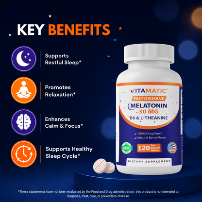 Vitamatic Melatonin 30 mg with L-Theanine & B6, 120 Fast Dissolve Tablets