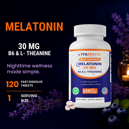 Vitamatic Melatonin 30 mg with L-Theanine & B6, 120 Fast Dissolve Tablets