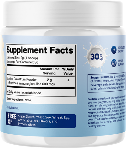Colostrum Powder 30% IgG - JAR 60 Grams (Unflavored)